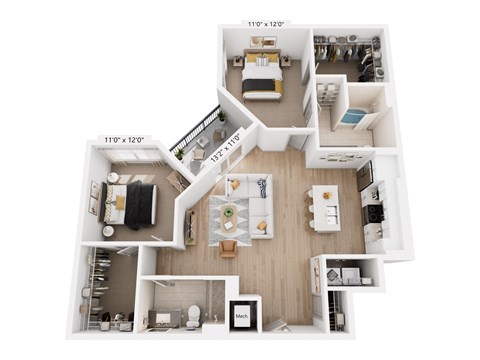 Floor plan for 2 beds, 2 baths, 1199 sqft